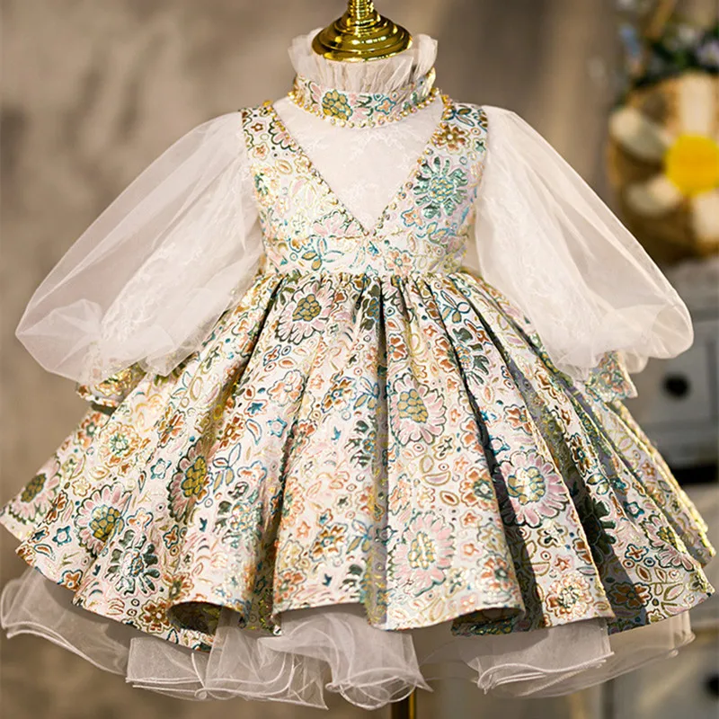 

Ready to Ship Kids Clothes 2021 Girls Boutique Party Dresses Vintage Beading Long Sleeve Ball Gowns 1-12Y Girl Birthday Dress