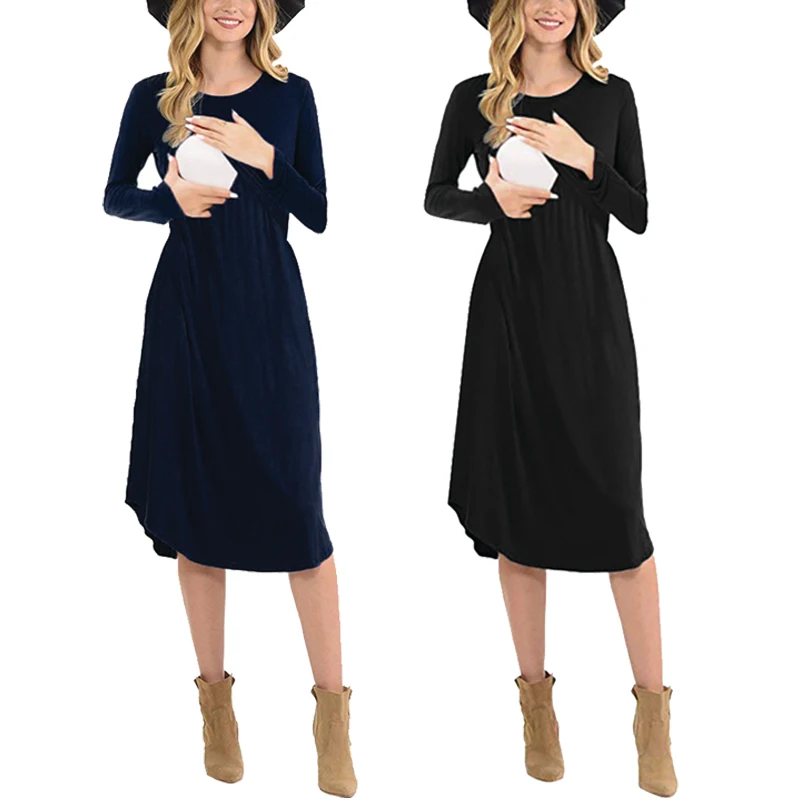 

Wholesale ladies fashion long sleeve dresses round neck solid color casual loose dress for pregnant women, 2 colors