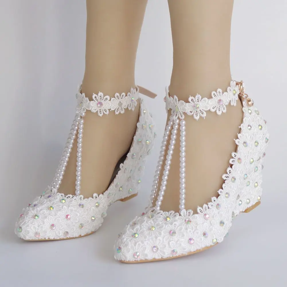 

2021 New Arrival Fashion Ladies Wedge Shoes White Bling Rhinestone Lace Beaded Ankle Wrap Belt Buckle Women Wedding Shoes