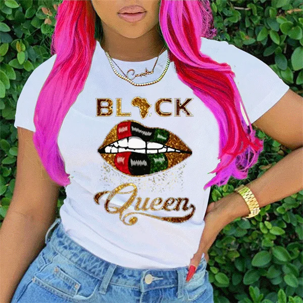 

cotton t shirts for women girls summer cute tshirt black queen printed o-neck ready to ship tops short sleeved tees