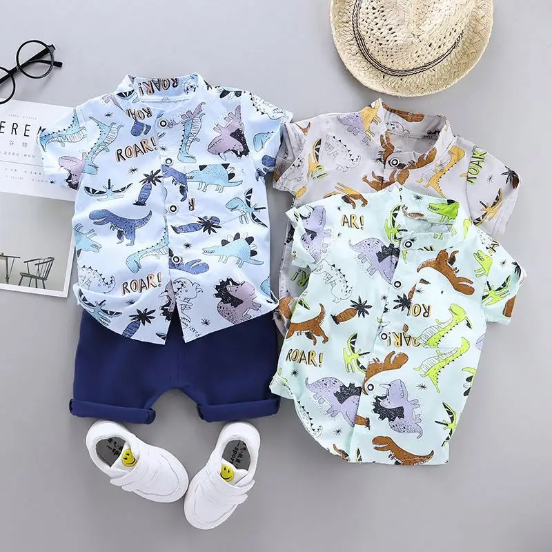 

lyc-2805 Boys 1 -4 years old dinosaur pattern short-sleeved shirt suit casual boys clothes toddler boys clothing
