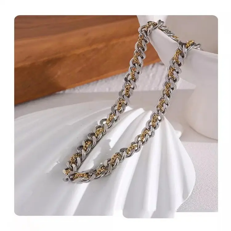 

Women's Stainless Steel Couples Necklace with Gold Plating Interwoven Thick and Fine Chains Fashionable Charm Jewelry