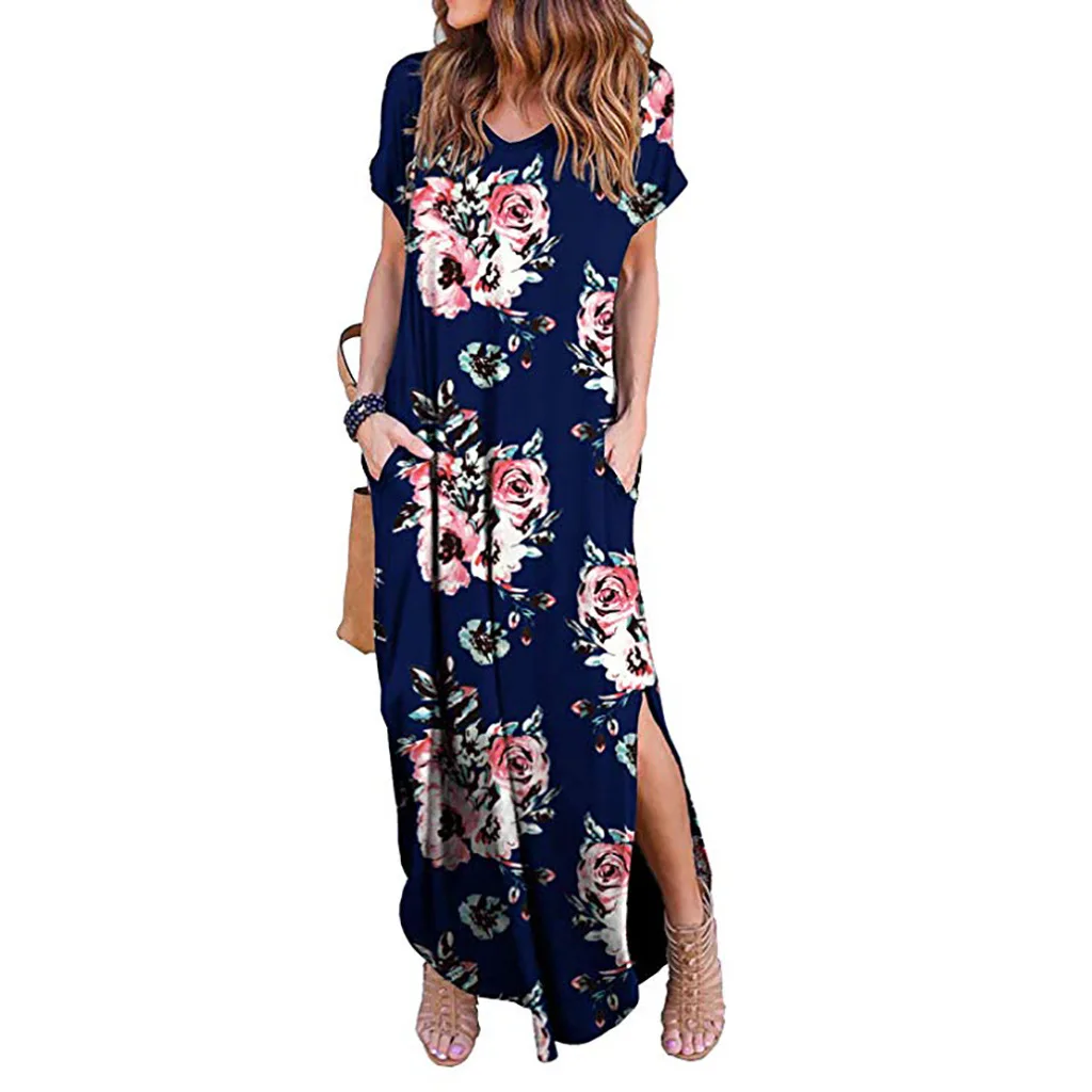 

Women's Short Sleeve Loose Plain Maxi Dresses Long Dresses with Pockets, 10 colors