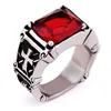 Vintage Gothic Mens Ruby Ring Stainless Steel Cross Ring