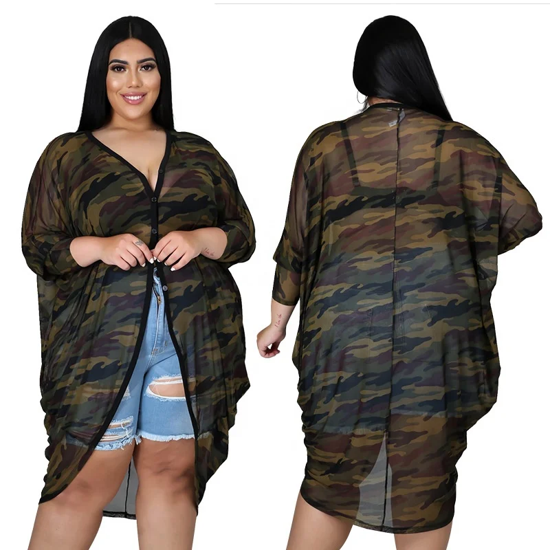 

LW CY1614 New camouflage printing loose long coat women's thin top three quarter sleeve plus size women's blouses & shirts, As shown