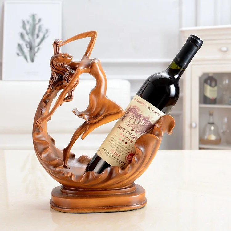 

Dancing Sexy Girl Statue Wine Rack Home Bar Cabinet Champagne Holder, Blue,wood color