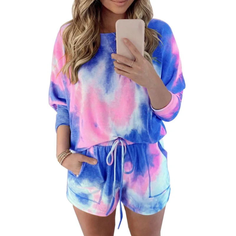 

Women's Long Sleeve Shorts Two Piece Tie Dye Print Casual Sportswear Set Women's Summer