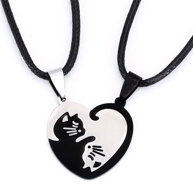 

New Design Couple Jewelry Necklaces Black white Puzzle Matching Stainless Steel Animal Cat Broken Heart Pendant Enamel Necklace