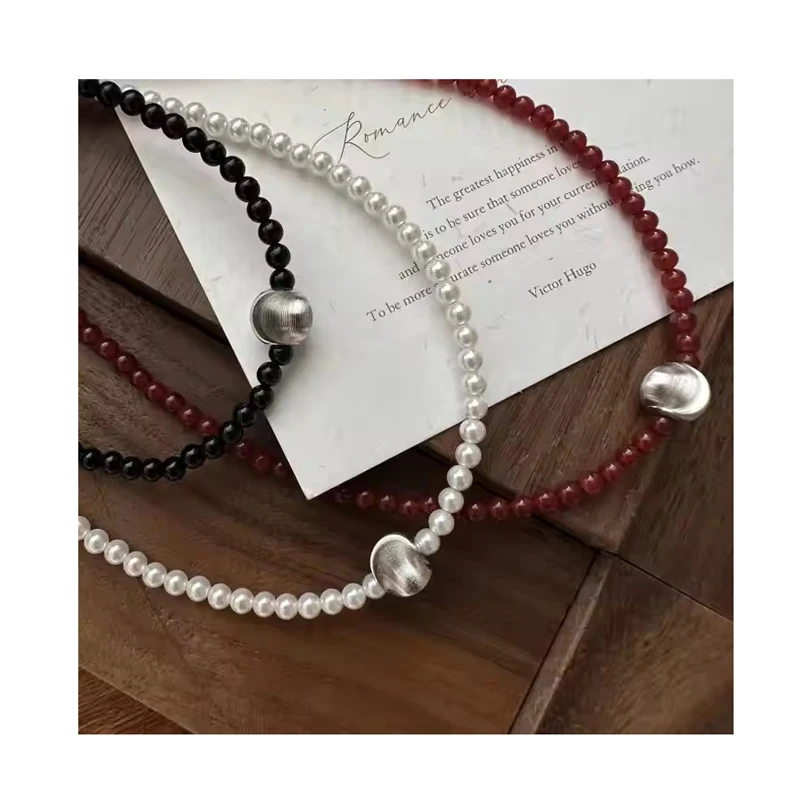 Fashion Handmade 925 Sterling Silver Ball Black Red Agate White Pearl Beaded Necklaces Jewelry for Women