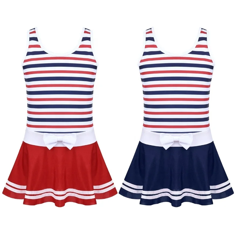 

Kids Girls One-piece Wide Shoulder Straps Color Striped Splice Style Swimsuit Swimwear Bathing Suit
