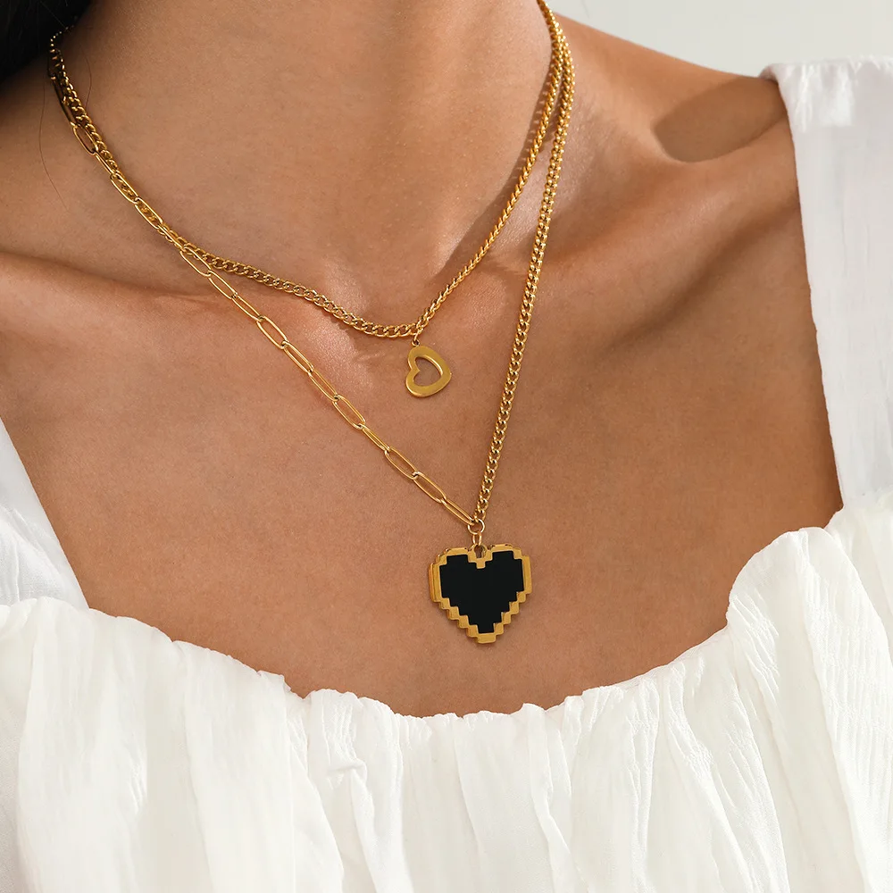 

New Arrival Mosaic Black Enamel Heart Necklace 18K Gold Plated Stainless Steel Double Layers Heart Pendant Necklaces YF3193