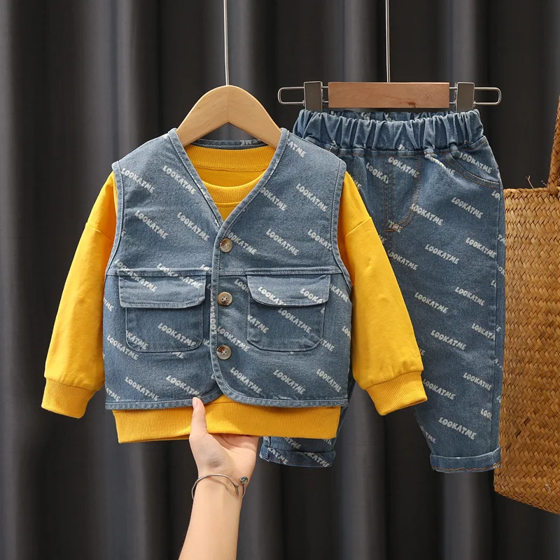 

Wholesale new fashion casual Boys 3 Pieces Clothing Set long sleeves sweatshirt +denim vest+ letter jeans pants for kids, Picture shows