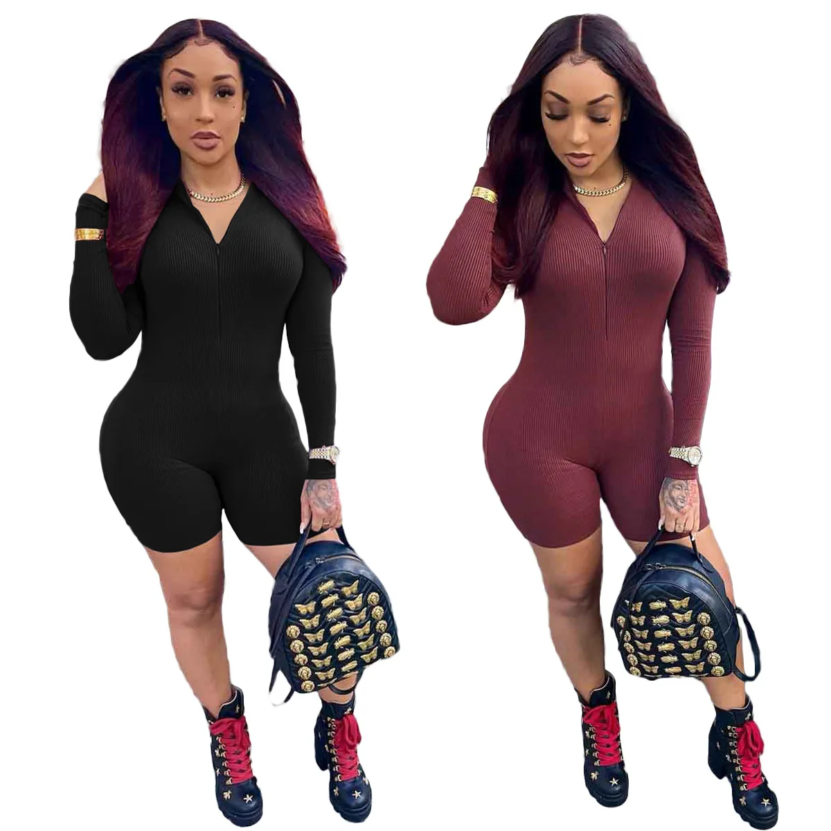 

BN182 Hot selling fall fashion zipper jumpsuit 2021 ribbed solid color jumpsuits for women long sleeve one piece jumpsuit