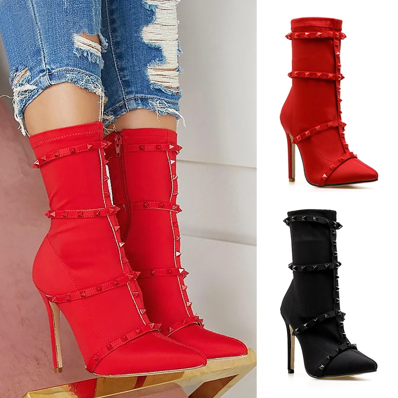 

Women's large size ankle boots winter new elastic cloth wicker spiky stiletto heels shoes, Pictures shown