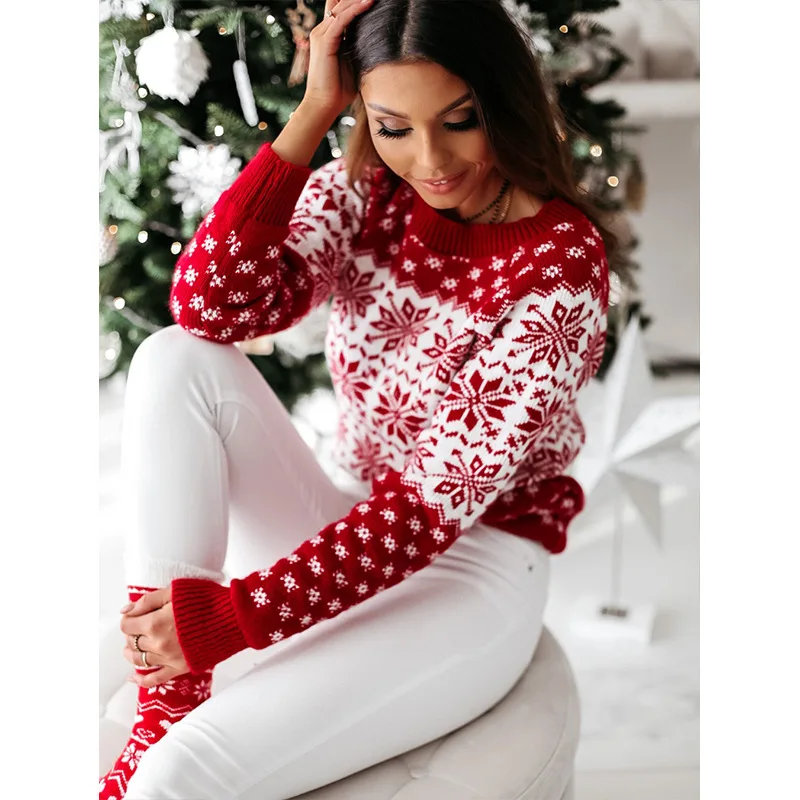 

Women's Christmas Clothes Ugly Sweater Knitted Long Sleeve Round Neck Santa Reindeer Pullover Tunic Tops