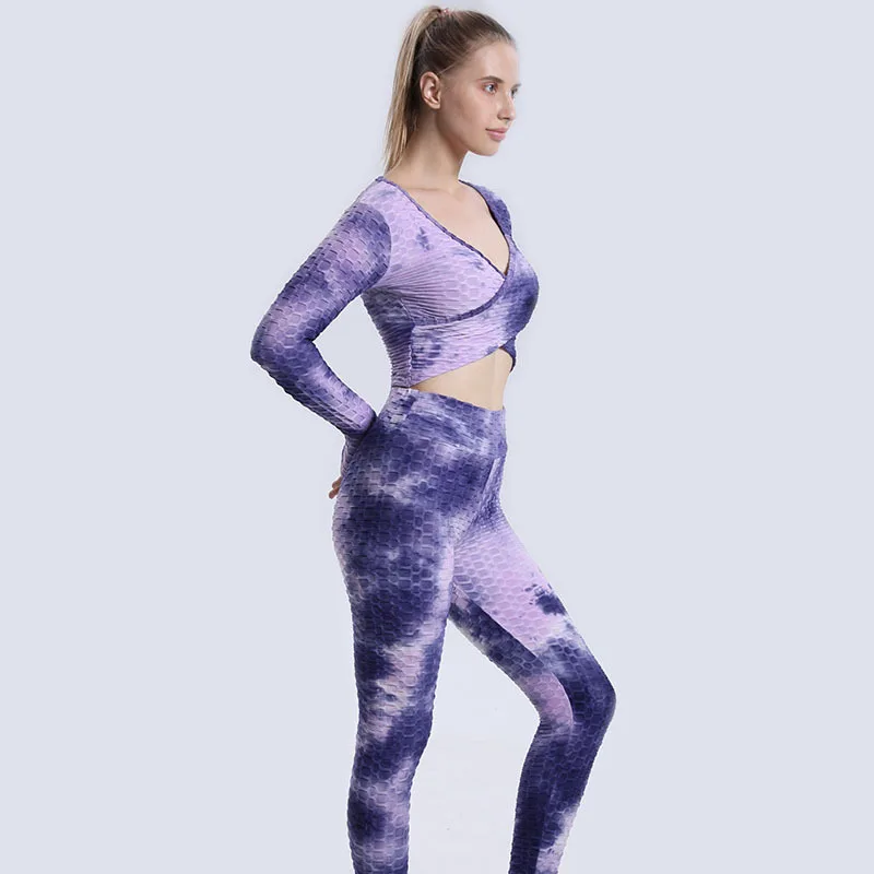 

LvCong Europe and America crop top cross fashion tight high waist yoga pants gym leggings long sleeve tie dye yoga set