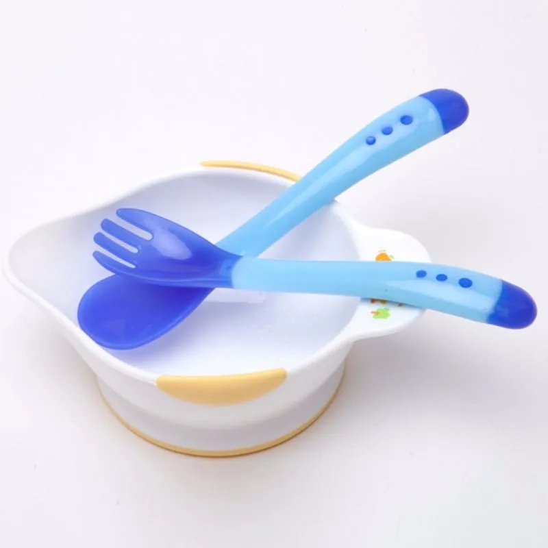 

Baby Heat Sensing Thermal Feeding Fork Spoon Kids Weaning Soft Silicone Head, As show