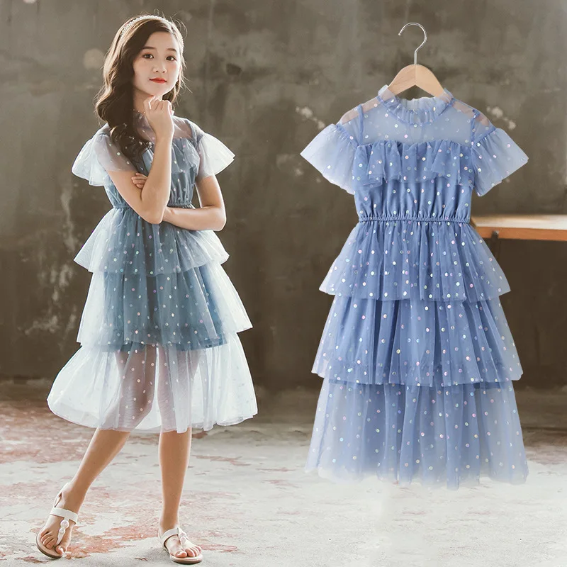 

2020 New Sweet Girls Mesh Sheer Long Dresses Shine Star Sequin Mesh Dress Teens Girls Party Wedding Dress, As picture