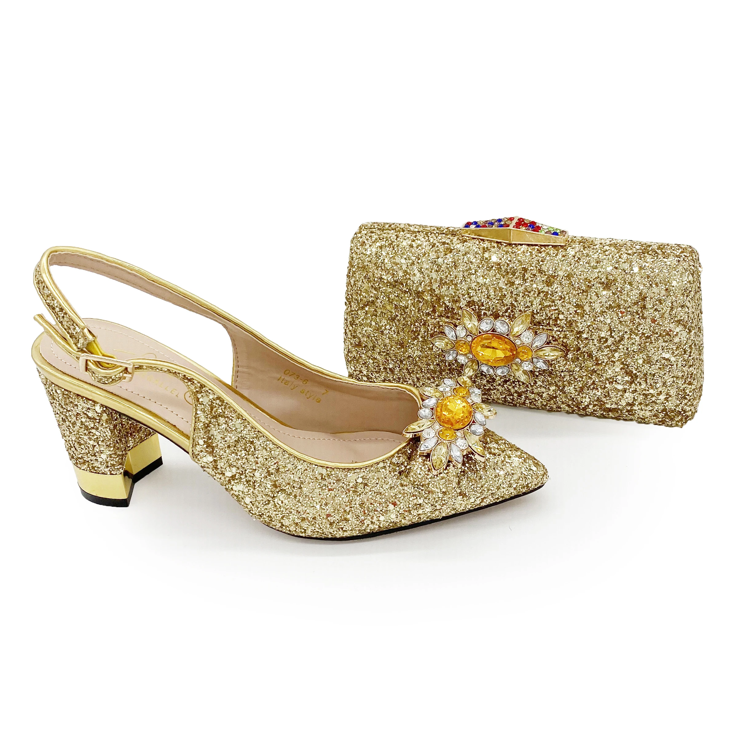 

African Luxury Wholesale Glitter Clutch Purse and Shoes Set Italian Matching Shoe and Bag Set