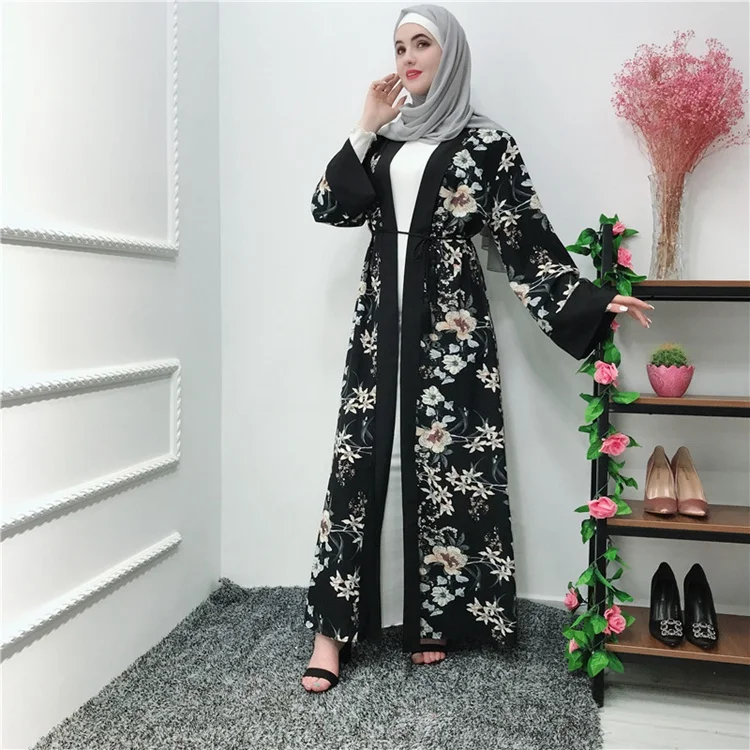 

Muslim Musulmane Middle East Dubai Floral Printed Black Kimono Abaya Dress