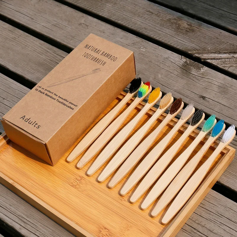 

Wholesale 10Pcs Bamboo Toothbrush Eco-Friendly Product Vegan Tooth Brush Rainbow Black Wooden Soft Fibre Adults Travel Set