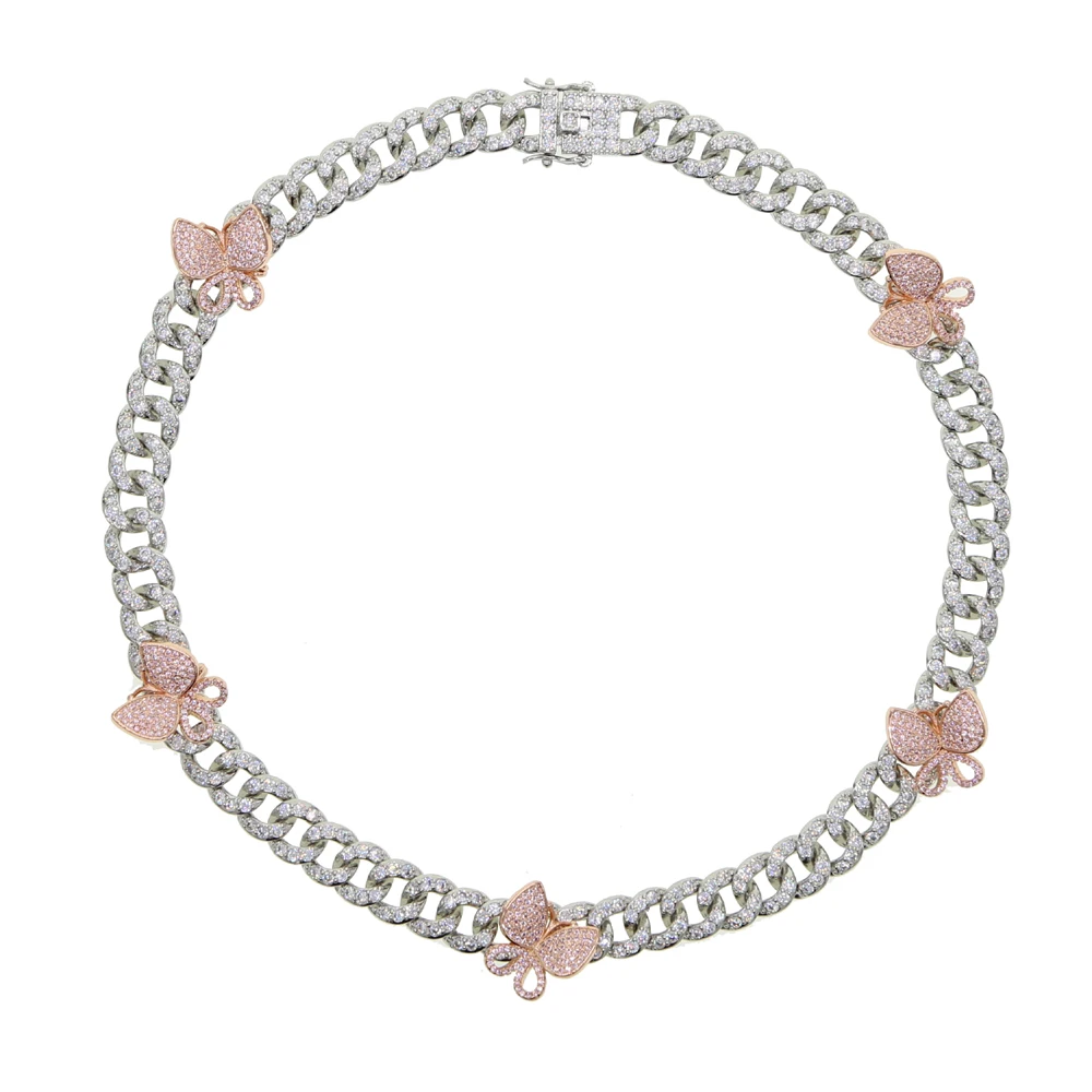

Wholesale in stock women fashion jewelry two tone plated silver cuban chain pink butterfly ice women necklace, Rose gold