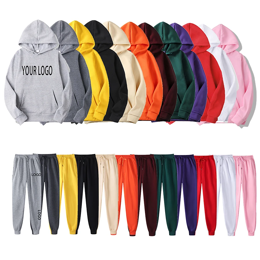 

hot sale custom logo solid blank unisex hoodie and sweat pants set men sweatsuits tracksuit two piece jogger sets, 14 colors or oem colors