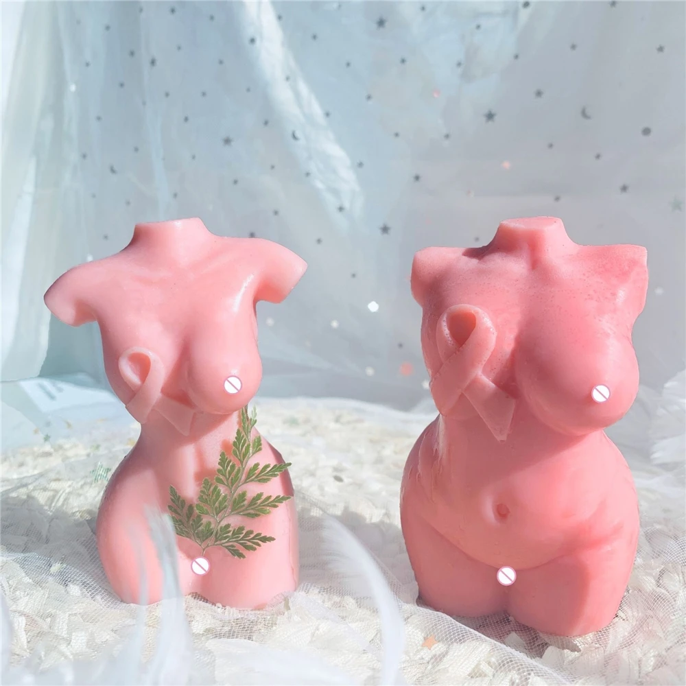 

B-1107 Ribbon Women Torso Silicone Candle Mould Scented Soy Human Naked Curvy Mastectomy Breast Cancer Candle Mold