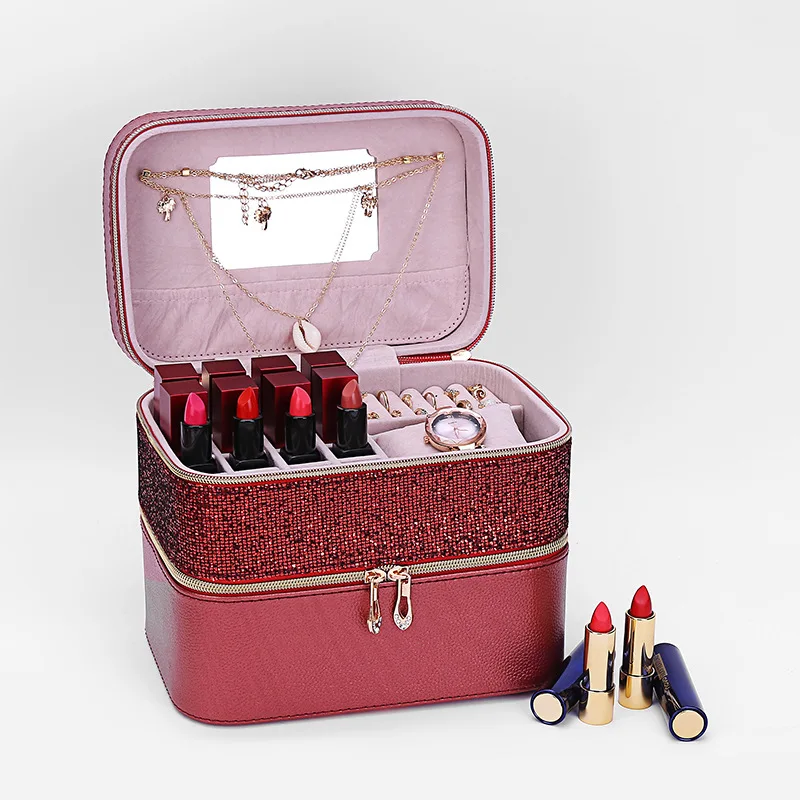 

Best Selling Professional Double layer pu leather Jewelry Box cosmetic bags & cases, Four color