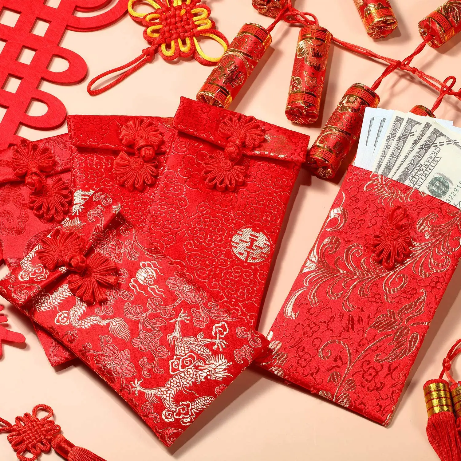 5 Pcs Hongbao Chinese Style Spring Festival Red Packet Silk Red ...