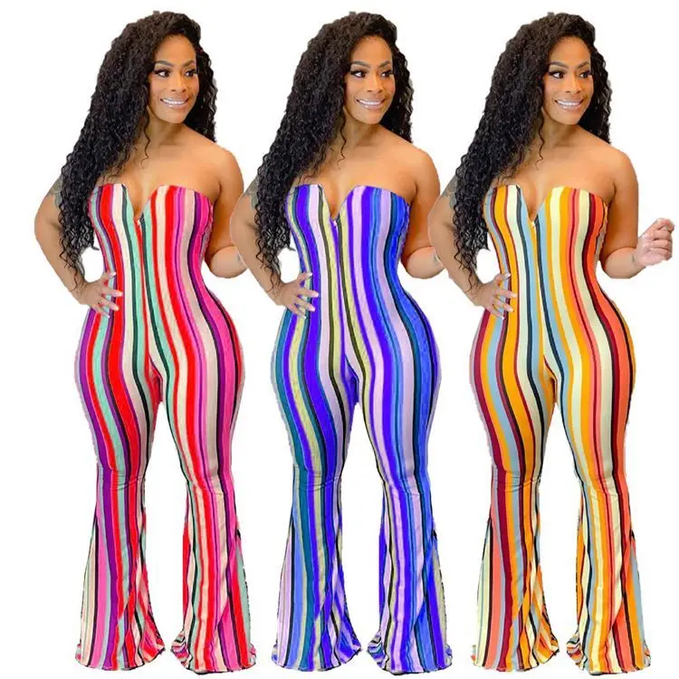 

AOMEI Combinaison Striped Print Off Shoulder Women Bodycon Jumpsuit Lady Pants Jumpsuit Women One Piece Jumpsuits