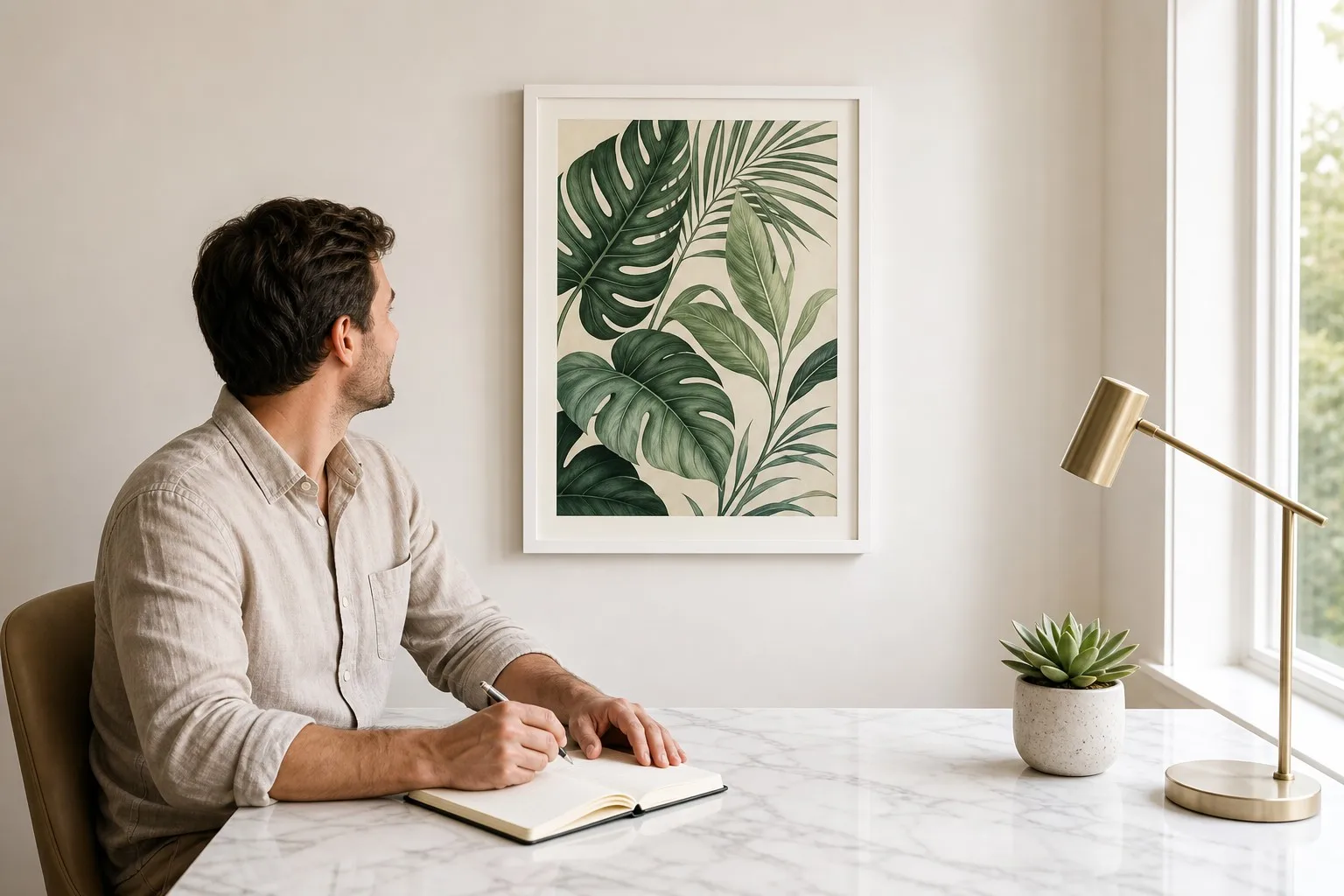 Art poster in a modern home office with a man