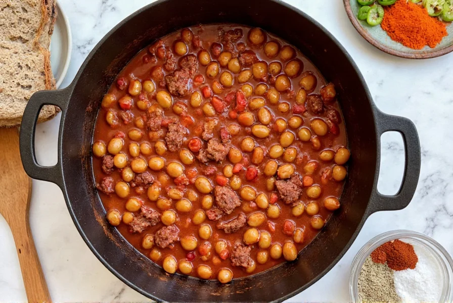 One-pot chili recipe with canned beans, ground beef, and spices on kitchen counter