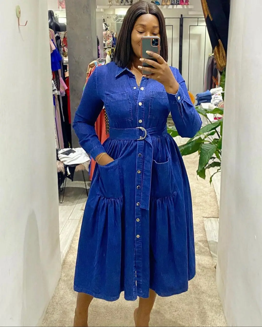 

2021 Lapel single breasted belt long sleeve denim skirt African dress, As showed