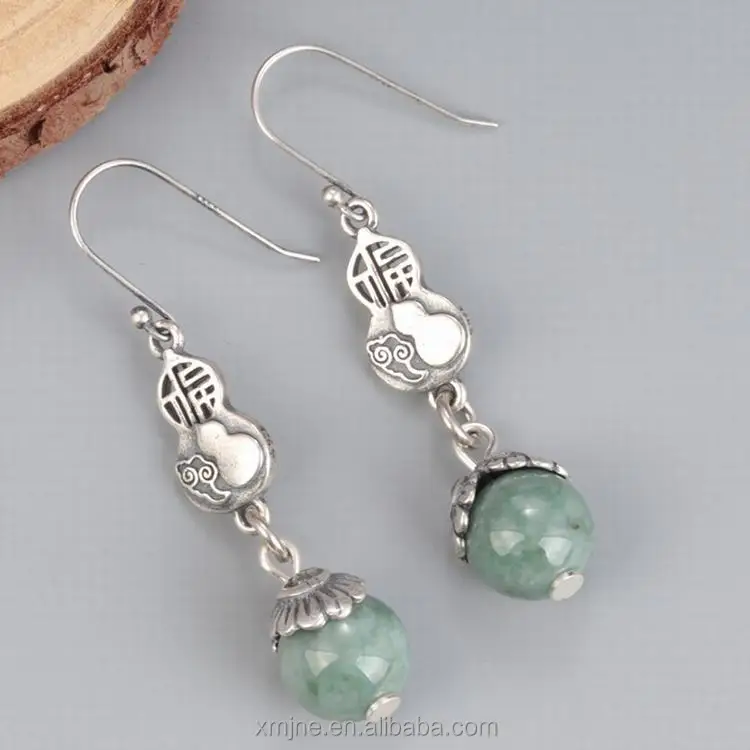 

S925 Sterling Silver Gourd With Emerald Round Bead Earrings Fashion And Popular Long Earrings