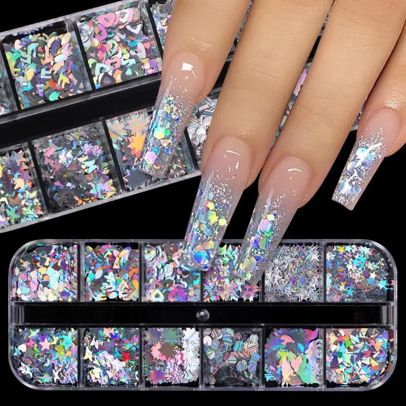 

New Style 12Colors UV Light DIY Nail Glitter Sequins Box Decoration Nail Art Set for Salon, Mixed color