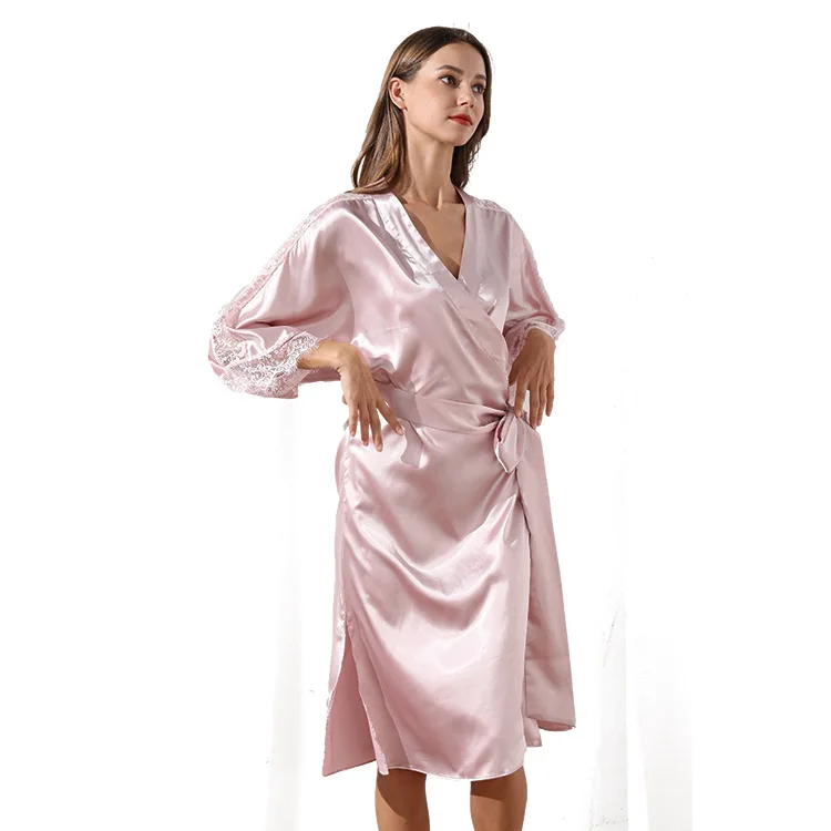 

Lady sexy pajamas for women emulation silk nightgownVWord collar pajamas home nightgown