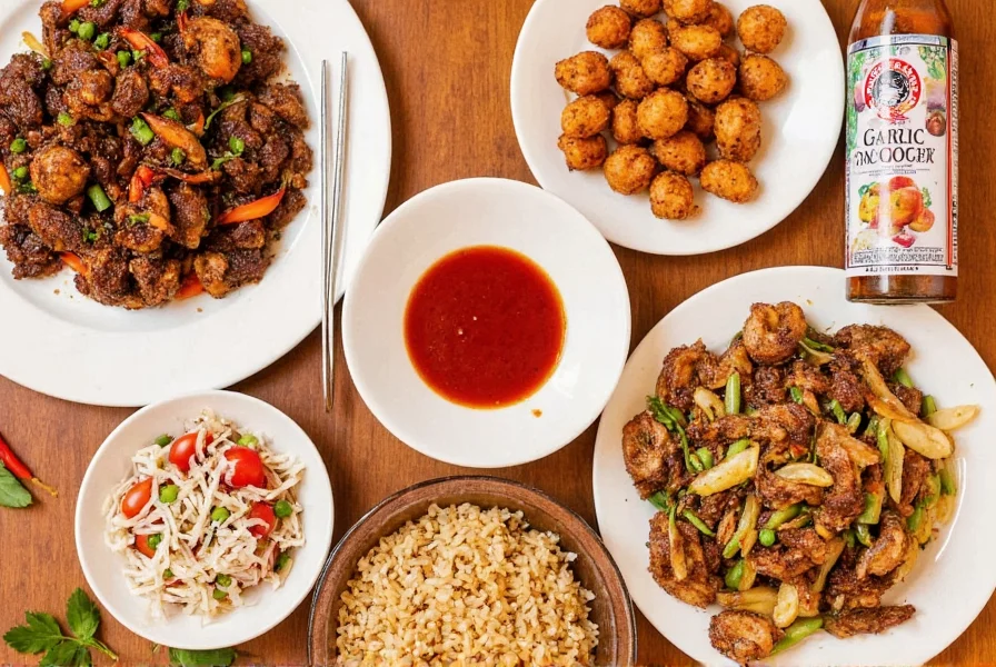 Various dishes featuring Huy Fong garlic chili sauce including stir-fry, dipping sauce, and marinade