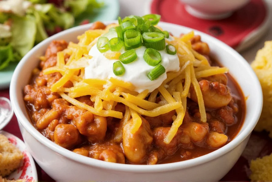 Finished bowl of chili macaroni topped with shredded cheese, green onions, and sour cream, served alongside cornbread and a side salad
