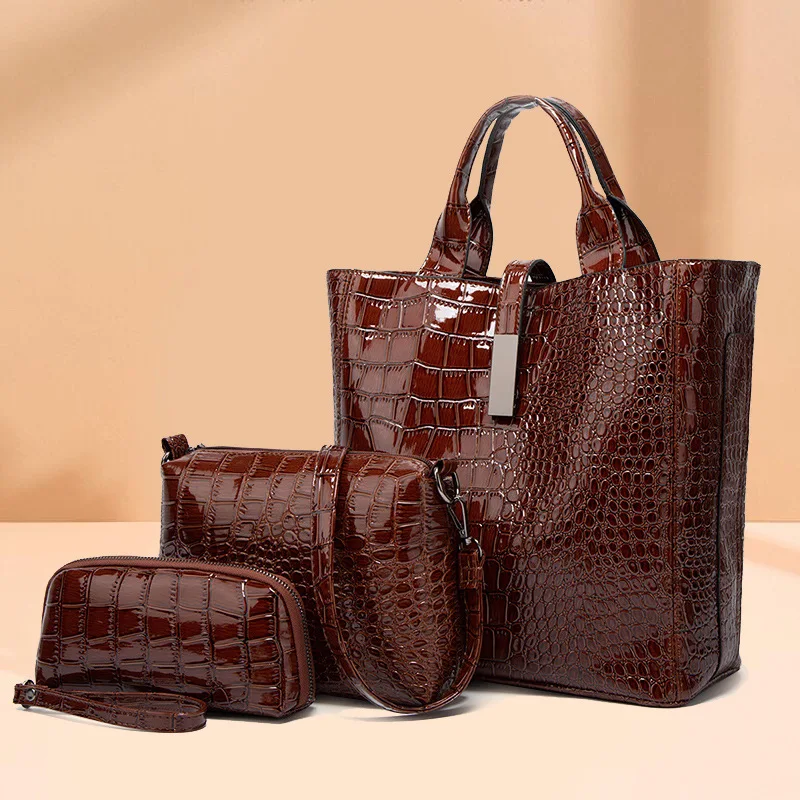 

3 PCS New Women Oil Wax Pu Leather Sac A Main Female Tote Handbag Satchel Crocodile Pattern Messenger Bag Set Hand Bags