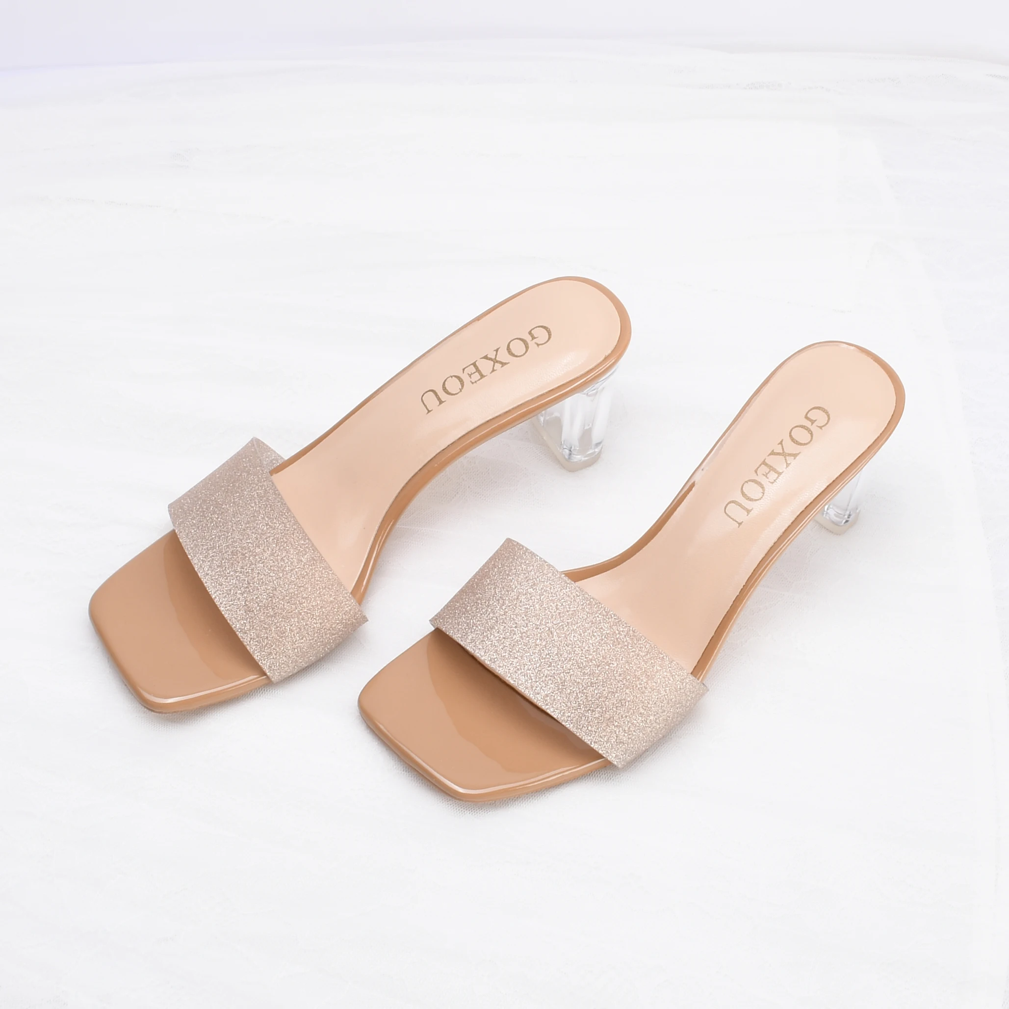

Goxeou 2020 Hot Sale Woman Mules Ladies Square Toe Transparent Clear Block Heels Women Heeled Slippers Wholesale Sandals Shoes