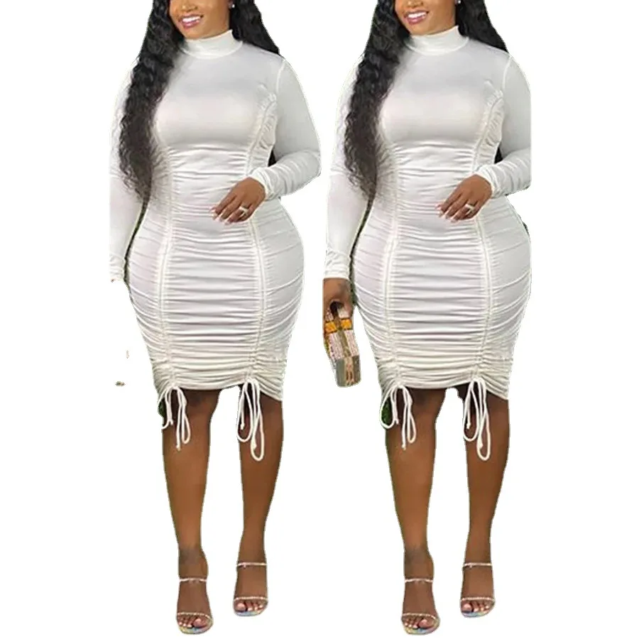 

2021 autumn and winter new European and American plus size women's drawstring high neck long sleeve dress