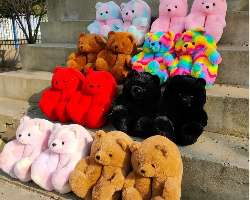 

2021 animal fluffy bedroom indoor bear slides slippers cheap plush fuzzy house teddy bear slippers for women