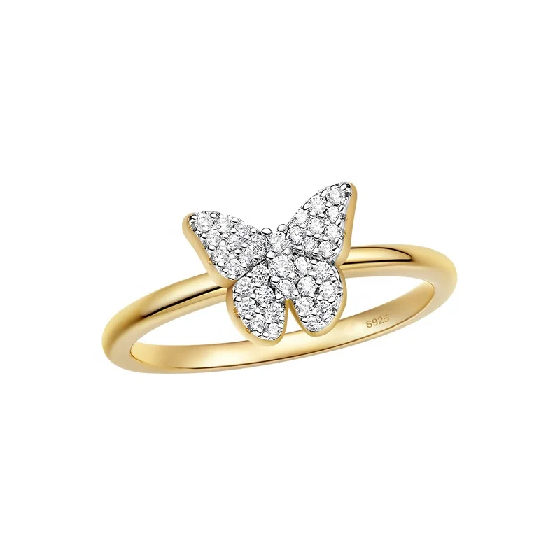 

18k Gold Vermeil Micro Pave CZ Diamond Fashion Butterfly Ring Stacking Women Jewelry