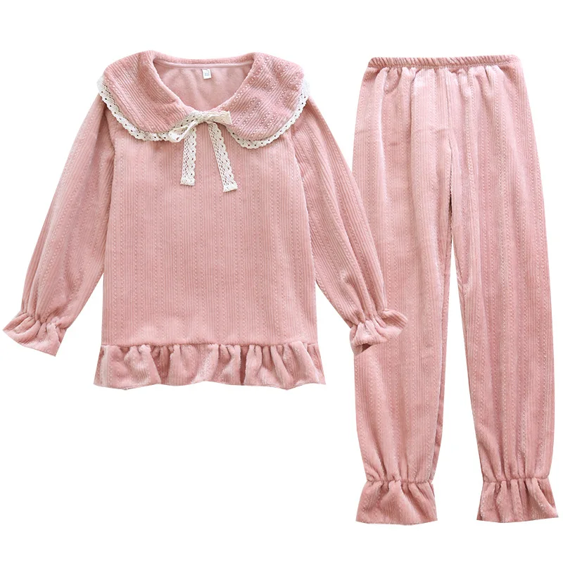 

plus thick warm flannel pajamas set ladies Peter pan collar home clothing set