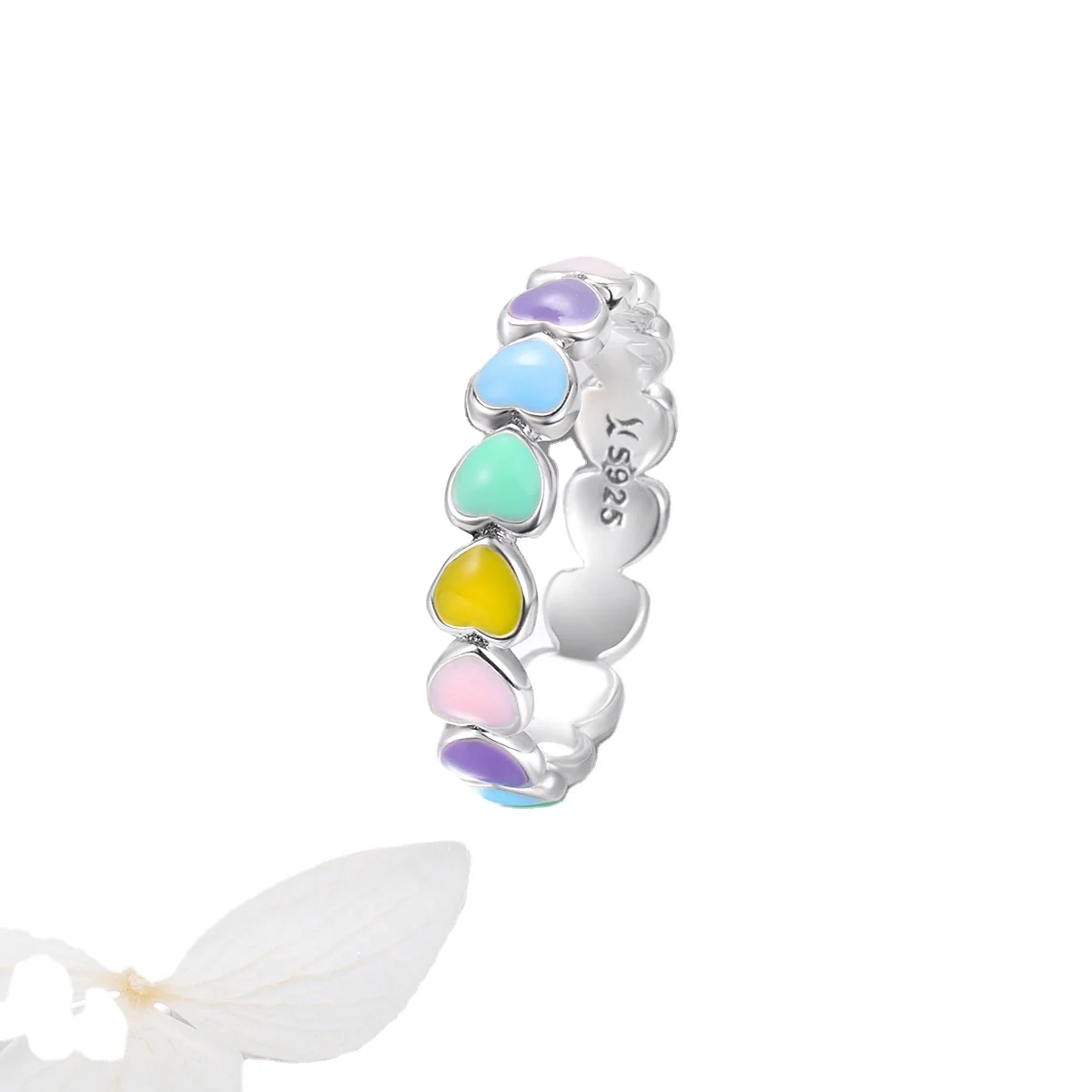 

New Arrival Stackable Rainbow Heart 925 Sterling Silver Rings for Women