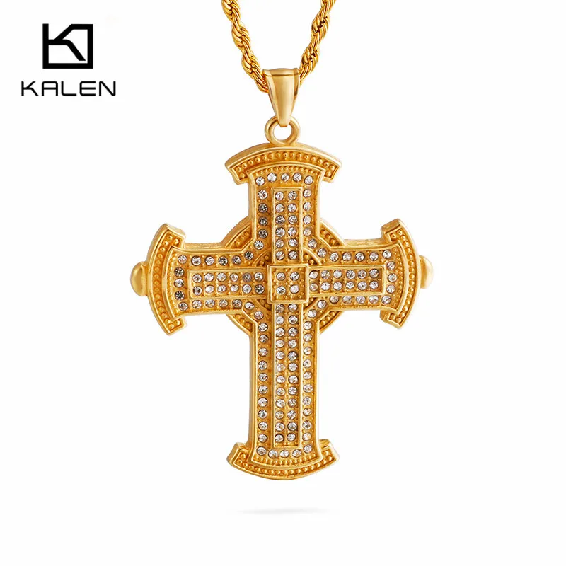 

KALEN Cubic Zircon & Stainless Steel Gold Plated Large Cross Pendant For Men