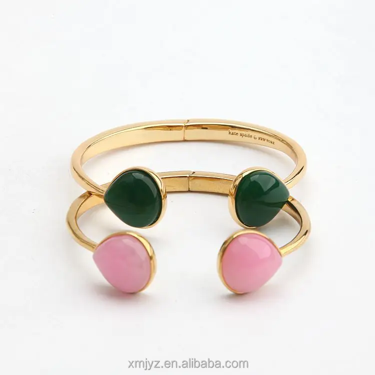 

Certified European And American Style Jewelry Fashion Commuter Heartshaped Pink Crystal Green Jade Open Bracelet Bracelet