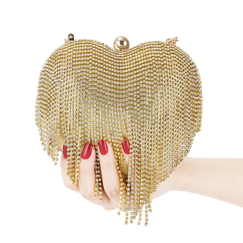 

N542 Luxury rhinestone heart tassel evening purse cosmetic banquet wedding party clutch bag