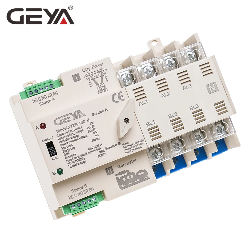 

GEYA 4P ATS 100A Dual Power Transfer Switch Manual or Auto Operation Automatic Power Changeover Switch